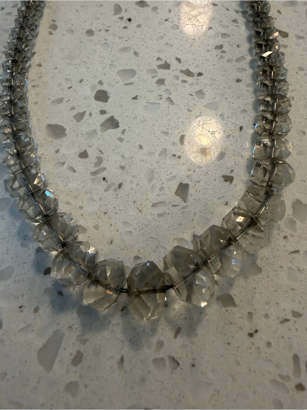 Art Deco Gray Faceted Rock Crystal Necklace Strung on Original Sterling Chain